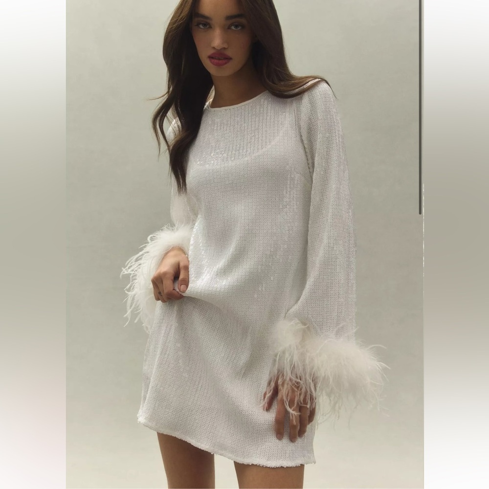 Anthropologie Hutch Alissa Faux Feather Long-Sleeve Sequin Mini Dress
